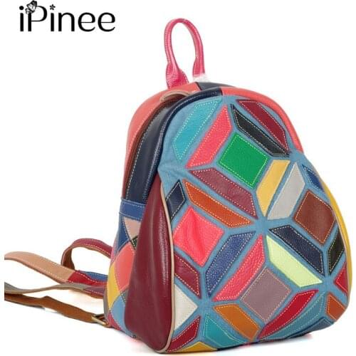 IPinee High Quality Cowhide Leather Backpack Women Genuine Leather Knapsack Female Vintage Multicolor Patchwork Packsack
