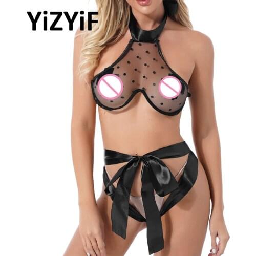 Women Exotic Sheer Mesh Lingerie Set Sexy Halter Self-Tie Underwire Bra Satin Self-Tie Thong Suit