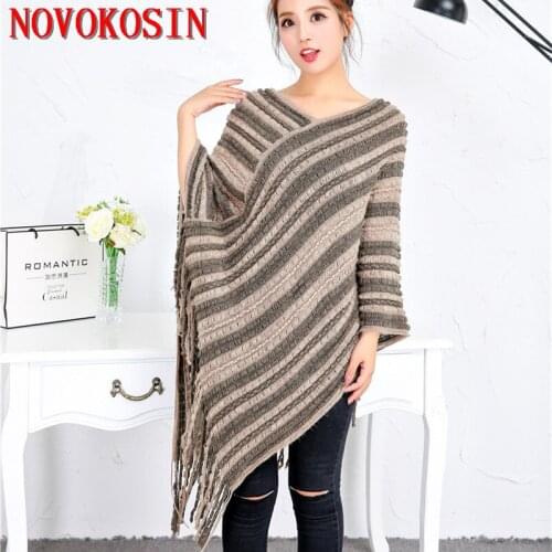 2021 Winter Knitted Striped Big Pendulum Sweater Outstreet Triangle Tassel Pullover Women Plus Size Loose Poncho