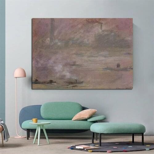 100% Hand Painted Monet Boats on the Thames, London, 1901 Modern Abstract Landscape Wall Art Painting for Living Room Home Decor