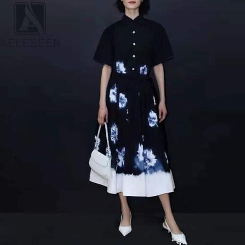 AELESEEN Runway Fashion Summer Shirt Dress 2021 Turn-Down Collar Flower Print With Belt Elegant Long Party Office Lady Dress