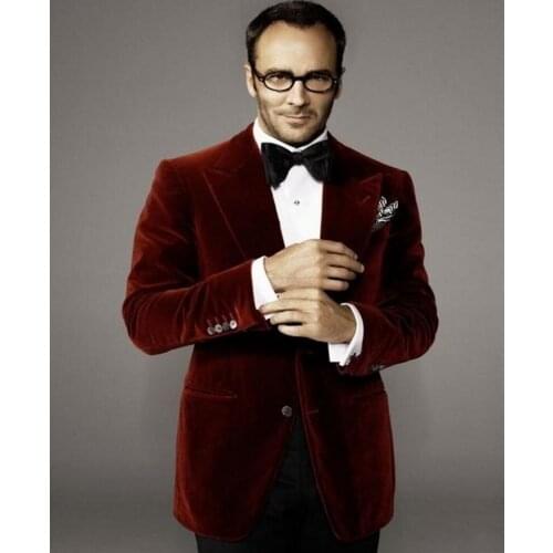 Velvet Groomsmen Peak Lapel Groom Tuxedos (Burgundy/Wine Jacket) Men Suits Wedding Best Man (Jacket+Pants+Tie+Hankerchief) B847