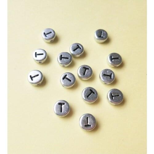 Free Shipping 500pcs/Lot 4*7MM Flat Coin Round Shape Silver Letters Beads Single Initial Character T Printed Alphabet Beads