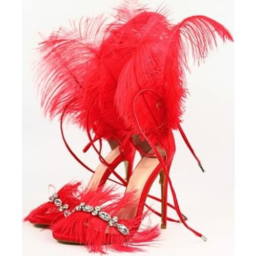 Purple Red Blue White Yellow Black Grey Feather Bling Crystal Diamond Summer Sandal Stiletto Heels Lace Up Sandals