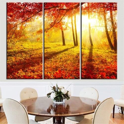 Unframed Canvas Painting Red Tree Landscape Sun Scenery Home Decor Oil Picture Wall Art Decorative Picture for Living Room 3 Pcs