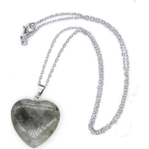 Kraft-beads Silver Plated Love Heart Labradorite Stone Pendant Link Chain Necklace Fashion Jewelry
