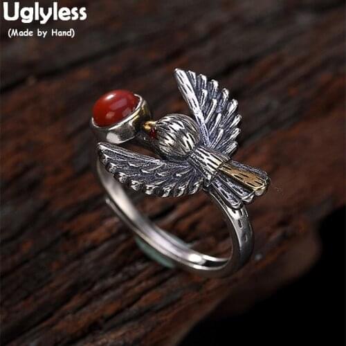 Uglyless 100% Real 925 Sterling Silver Handmade Flying Bird Rings for Women Thai Silver Open Finger Ring Agate Fine Jewelry Jade