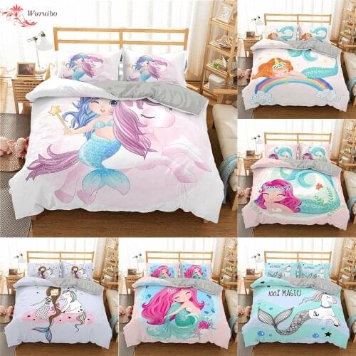 Homesky 3D Cartoon Mermaid Bedding Set For Kids/Baby/Child/Boy/Girl Unicorn Duvet Cover Set Twin Full Bed Linen Cover Set