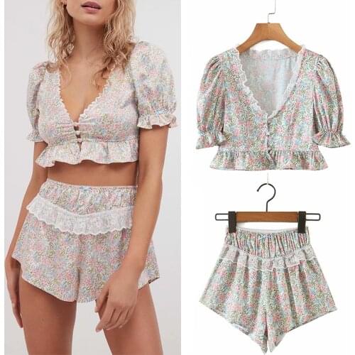 WESAY JESI Womens Clothing Suits Floral Print Satin Shirt Suits Waist Wide Leg Shorts Women Buttons Cropped Tops 2 Pieces Sets
