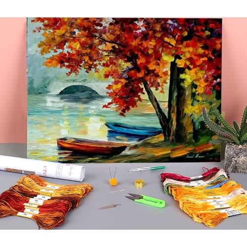 Oil Style Two Boats Pre-Printed 11CT Cross Stitch Embroidery Kit DMC Threads Hobby Handmade Knitting Adults