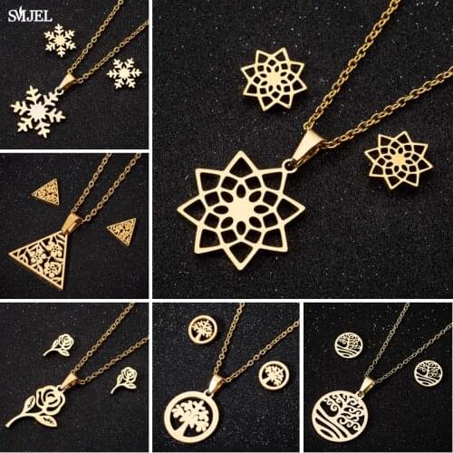 SMJEL Bohemia Tree of Life Jewelry Set Stainless Steel Earrings Women Kids Fashion Snowflake Flower Necklace Hawaii Pendientes