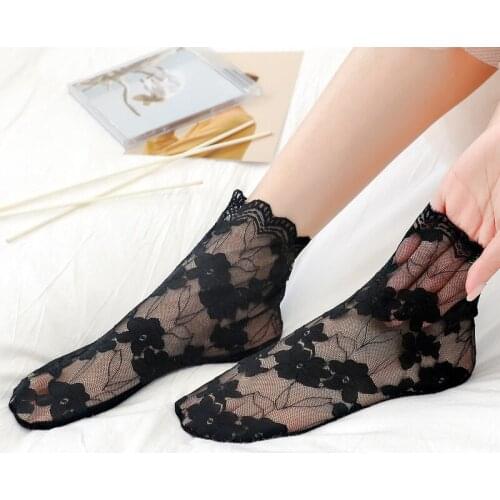 Women Sock Summer Lace Crystal Glass Silk Socks Short Thin Transparent Jacquard Elastic Ultrathin Socks Female 1 Pair