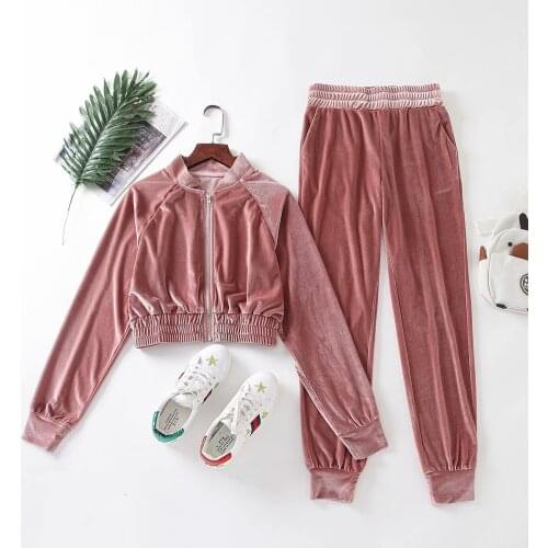 New foreign trade womens short open navel velvet zipper cardigan + elastic waist leisure sports pants set dltz222