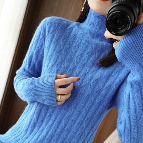 Autumn and winter new womens 100% wool knitted pullover long-sleeved high-neck loose solid color short large size womens blous