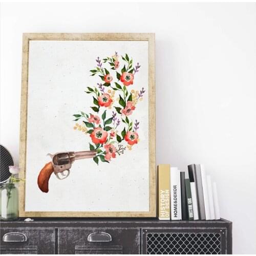 Gun With Flowers Print Red Floral Artwork Poster Cottage Chic Decor Watercolor Wall Art Picture Boho Canvas Painting Decoration