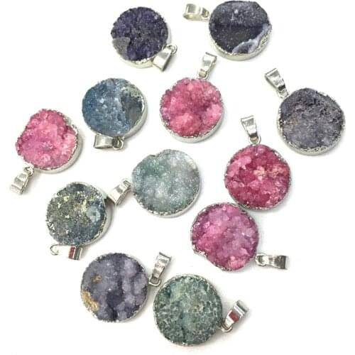 Natural Agates Stone Pendants Round Shape Colorful Crystal Agates Stone Charms for Jewelry Making Necklace Bracelet Gift