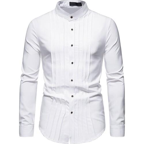 PARKLEES Mens Henry Collar Pleated Dress Shirt Long Sleeve Slim Fit elegant Tuxedo Shirts for Men Black White Wedding Groom