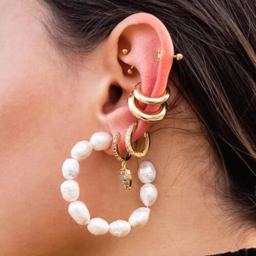 Bohemian Natural Freshwater Pearl Earrings for Women Trendy Big Circle Geometric Statement Hoop Earring