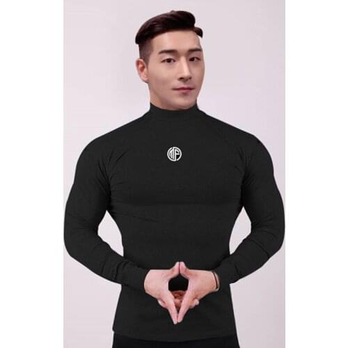 Gym Brand Casual Clothing Fitness Mens Middle Collar Long Sleeve Breathable Autumn and Winter Fashion Trend Slim Sports T Shirt