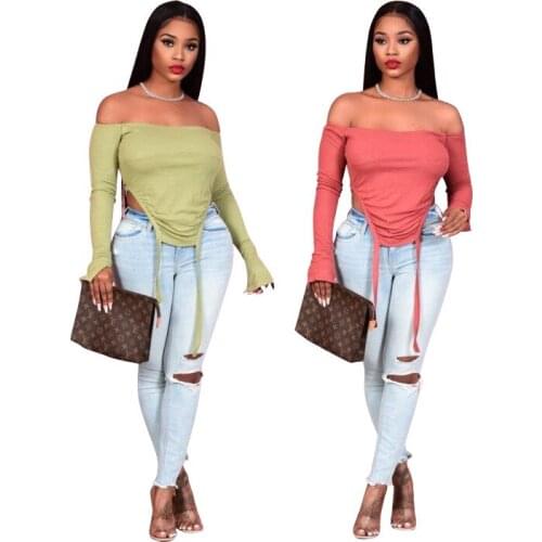 Summer Autumn Sexy Solid Color Shoulder Strap Top Off Shoulder Flare Sleeve Slash Neck Hollow Out Bandage Women Clothing