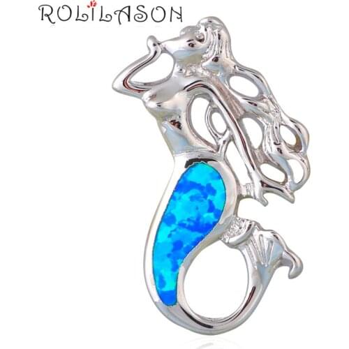 Gorgeous Mermaid design Wholesale & Retail Light Blue Fire Opal Silver Stamped Necklace Pendants Fashion jewelry OP605