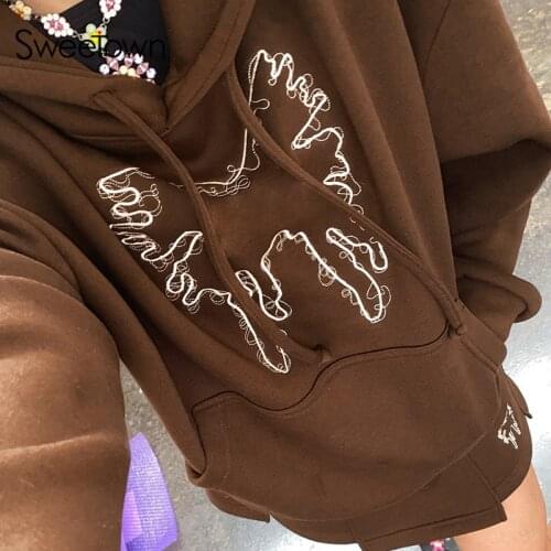 Sweetown Vintage Brown Harajuku Hoodies Women Butterfly Graphic Kawaii Korean Sweatshirts Front Pocket Casual Oversize Pullovers