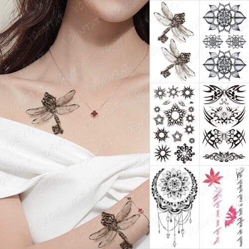 Waterproof Temporary Tattoo Sticker Dragonfly Key Flower Sun Black Color Tatoo Shoulder Art Arm Fake Tatto Man Woman Child Flash