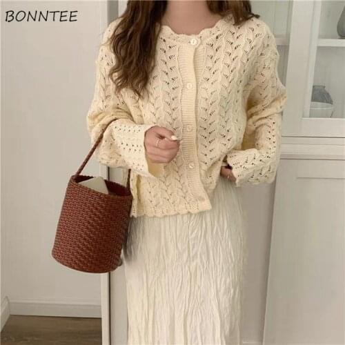 Sweaters Women Knitted Hollow Out O-neck Gentle Lady Spring Ulzzang French Style Tender Leisure Cozy All-match Cardigans Female