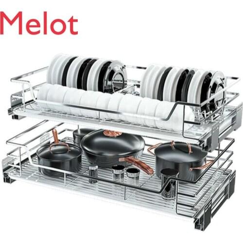 Pull basket kitchen cabinet storage drawer kitchen cabinet seasoning basket rack double 304 stainless steel bowl basket