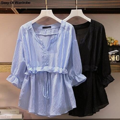 Shirt womens summer 2021 new Korean loose thin waist V-neck top fashion large solid color chiffon shirt