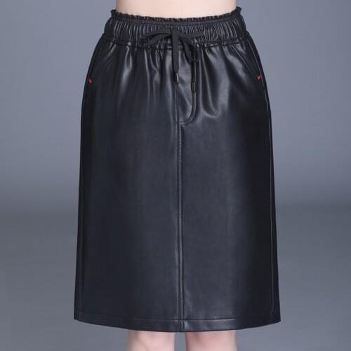 Women Elegant Faux Sheepskin Skirt Ladies High Quality Elastic Waist Black Soft PU Leather High Street Skirt Female Party Skirts