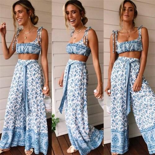 Women 2Pcs Oufits Summer Fashion Lady Sets Beach Clothing Floral Vest Crop Tops Bodycon+High Waist Wide Leg Pants Boho Sets