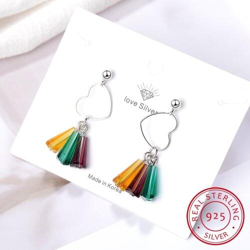 925 Sterling Silver Love Heart Earrings Multicolored Crystal Rainbow Tassel Earrings For Women S-E659
