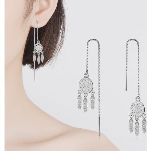 Prevent allergy 925 Sterling Silver Tassel Feather Dream Catcher Drop Earring for Women Fashion Jewelry eh496