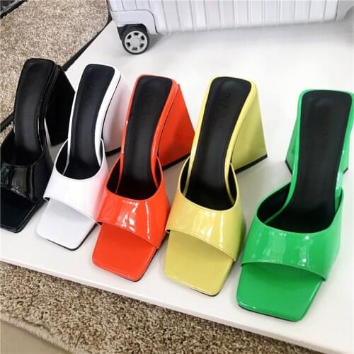 New Fashion Design Triangle Green Orange Yellow High Heels Women Slippers Summer Square Toe Thick Soled Ladies Shoes Sandals