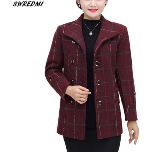 SWREDMI Spring Women Wool Coat Autumn Short Plaid Wool Jacket Plus Size Mother Base Wool Clothing Outerwear Ladies