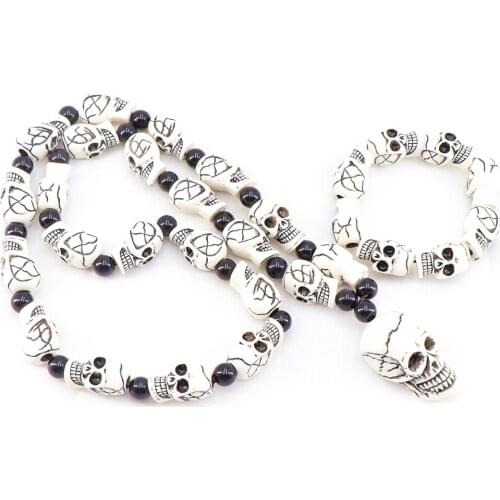 1set Mens Punk Vintage Style Resin Skull Skeleton Necklace With Skull Elastic Bangle Bracelet (White Brown)