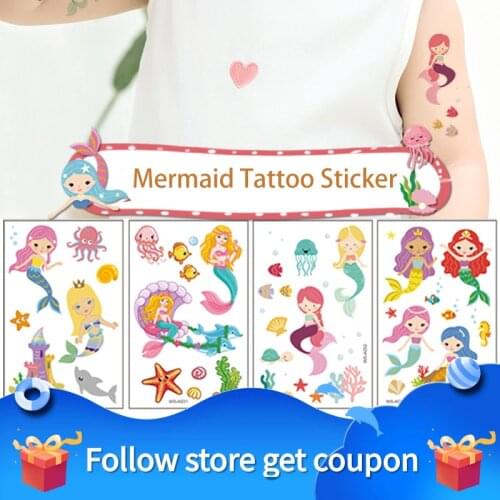 10PCS Childrens Tattoo Stickers Temporary Waterproof Transfer Sweatproof Cartoon Mermaid Art Arm Leg Cute Funny Gift Kid Toy