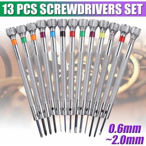 13 Pcs 0.6mm-2.0mm Watchmakers Screwdrivers Set Watch Glasses Flat Blade Assort Slotted Flat Screwdrivers Set Jewellers Watch