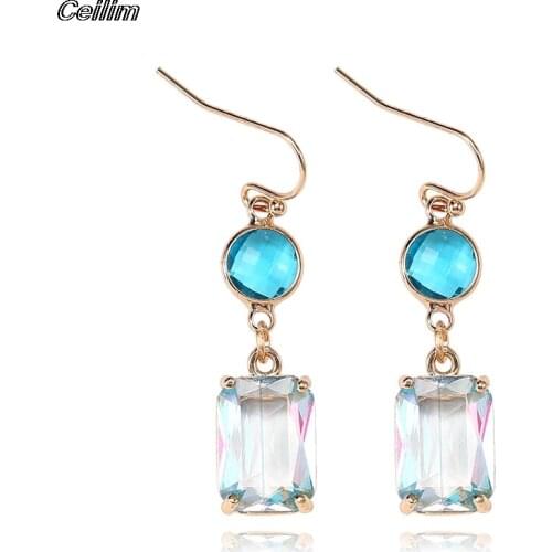 2021 Korean Fashion Jewelry Round Square Drop Earrings Luxury Transparent Glass Crystal Party Earrings For Women Gift Wedding
