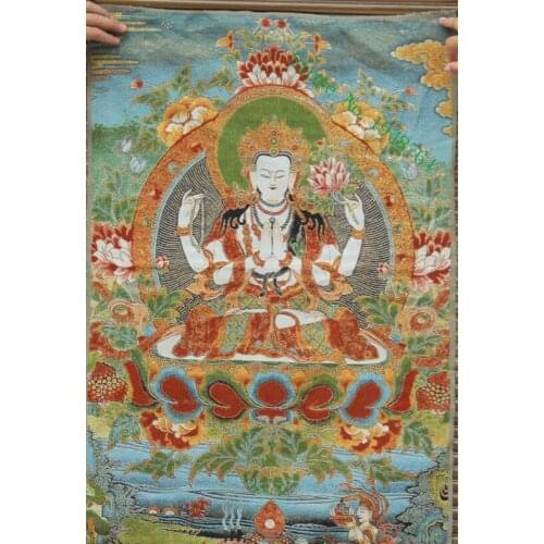 36 inch Tibet Tibetan Silk embroidery 4 arms Chenrezig Buddha Seat Thangka Painting Mural