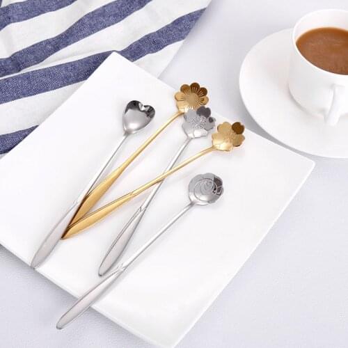 4pcs Flowers Design Gold Spoon Stainless Steel Coffee Stirring Dessert Tea Spoon For Kitchen Vintage Teaspoons Drink Tableware