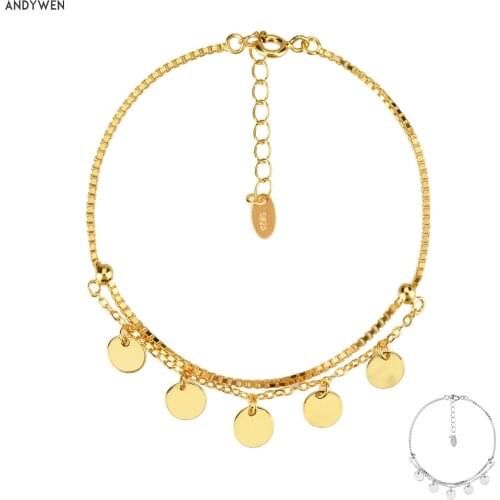ANDYWEN 925 Sterling Silver Gold Coins Double Chain Bracelet Women Rock Punk Charms Round Circle Coins Pendant Chains Jewelry