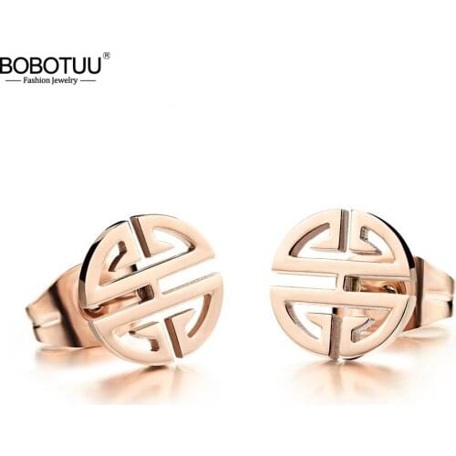 BOBOTUU Original Design Chinese National Titanium Steel Auspicious Longevity Earrings Rose Gold Ethnic Jewelry For Women BE19169