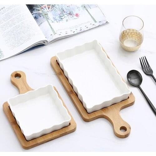 Nordic Handle Wooden Tray Long / Square White Ceramic Dish Restaurant Kitchen Home Western Food Baking Dish Rice Serving Dish