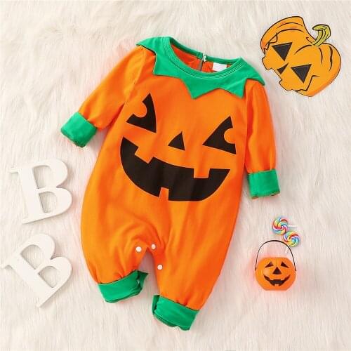 0-18 Months Halloween Grimace Baby Girls Boys Romper Newborn Toddlers Pumpkin Smiling Face Printing Long Sleeve Jumpsuit