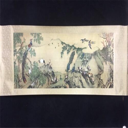 Chinese Old long Scroll Painting birds paying homage to the phoenix Picture