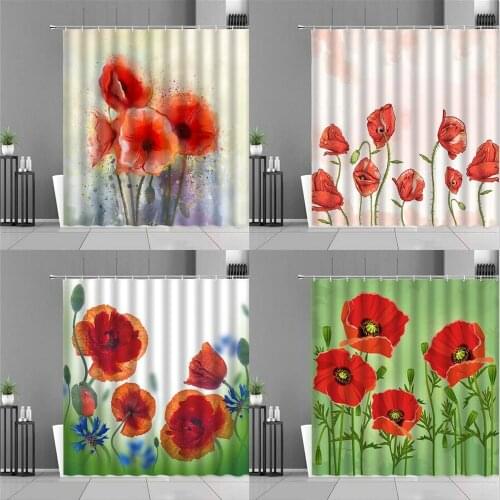 Red Beautiful Floral Shower Curtain Unique Flowers Plants Spring Scenery Home Bathroom Decor Waterproof Curtains Bath Products