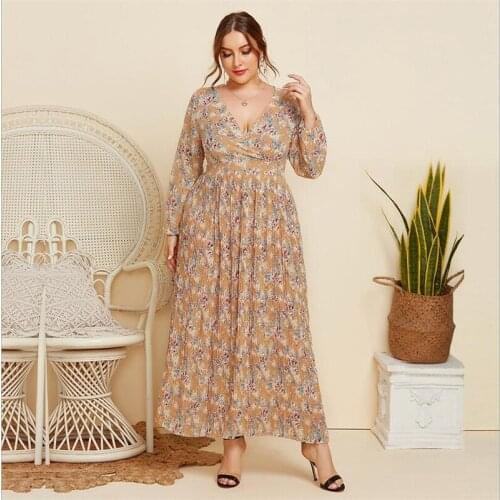 Summer Women Floral Print Long Sleeve Maxi Dress V Neck Kaftan Boho Dubai Abaya Muslim Party Gown Clothing Vestidos Plus Size