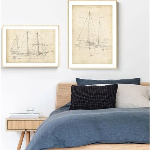 Boat Patent Canvas Print Abstract Minimalist Wall Art Painting Vintage Blueprint Poster Wall Pictures For Living Room Home Decor